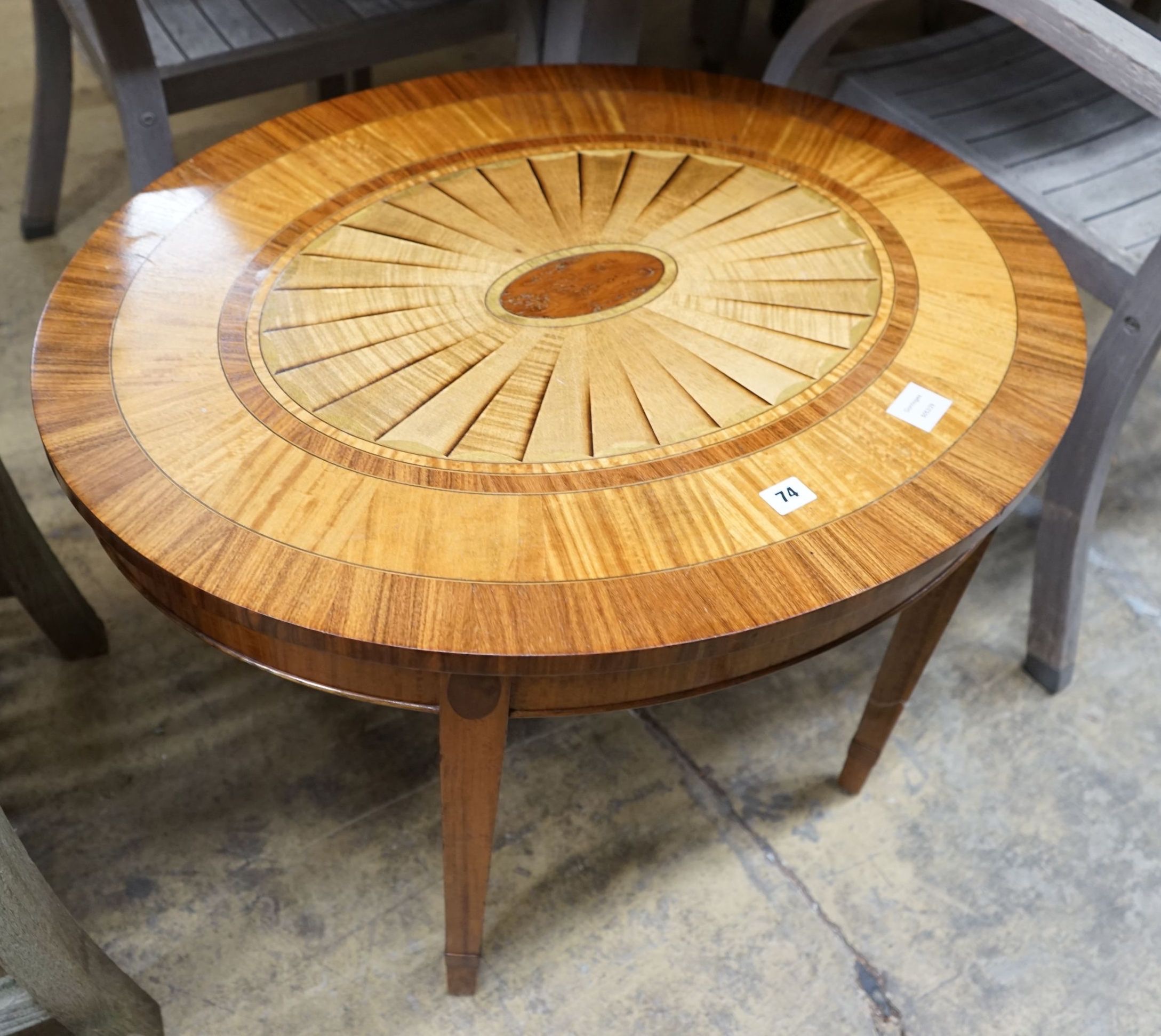 A Sheraton style cross-banded inlaid occasional table, width 80cm, depth 66cm, height 50cm
